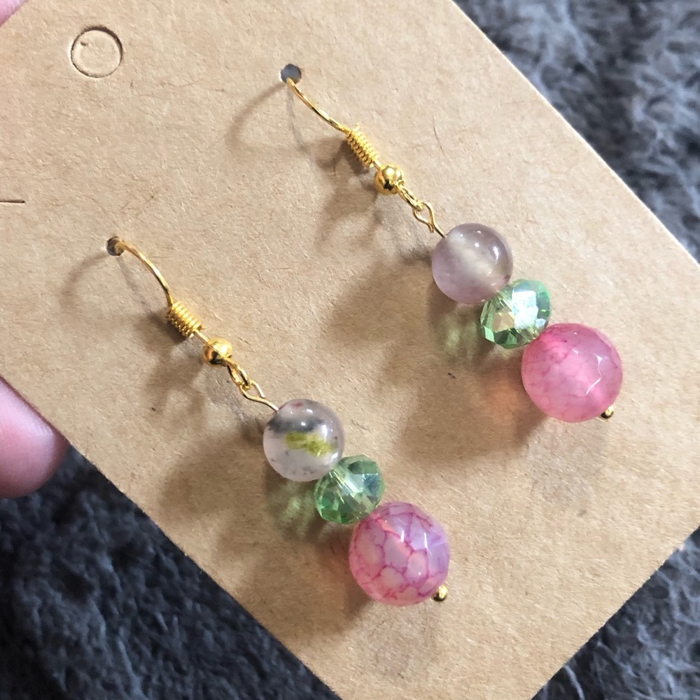 Handcrafted genuine stone dragon vein agate crystal rhondelle dangle earrings
